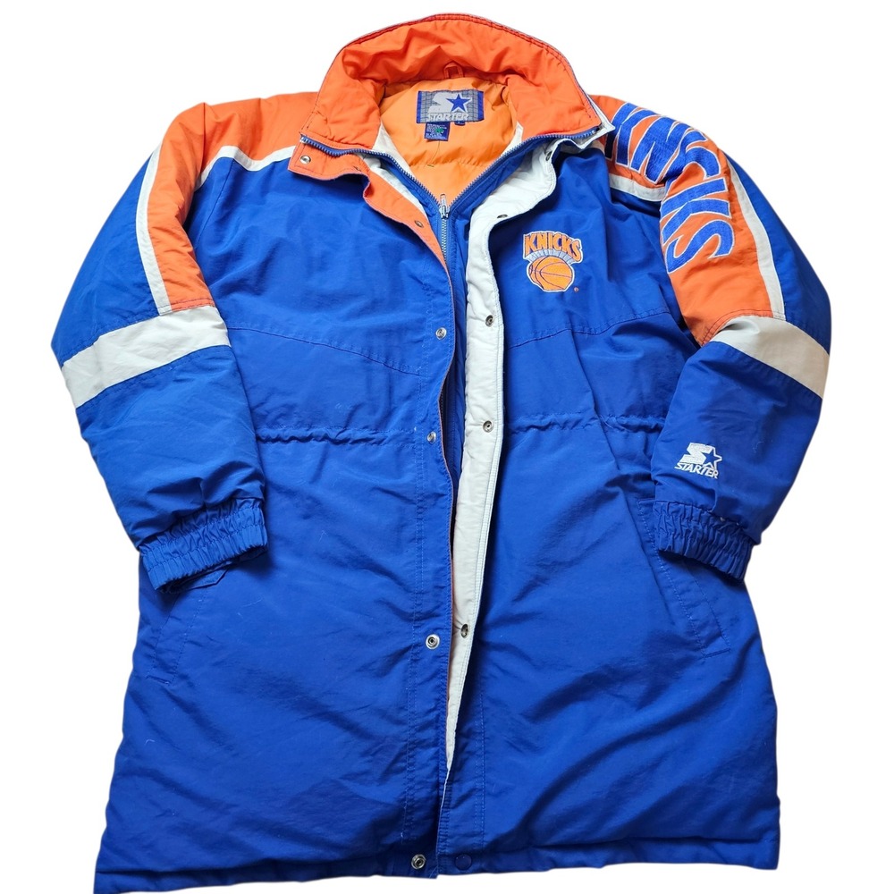 Vintage Starter New York Knicks NBA Down Puffer Parka Jacket Blue Orange Large